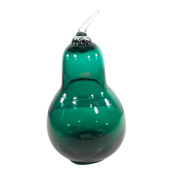 Vtg Blenko Hand Blown Glass Pear Emerald Green Clear Applied Stem Fruit MCM - Picture 1 of 7